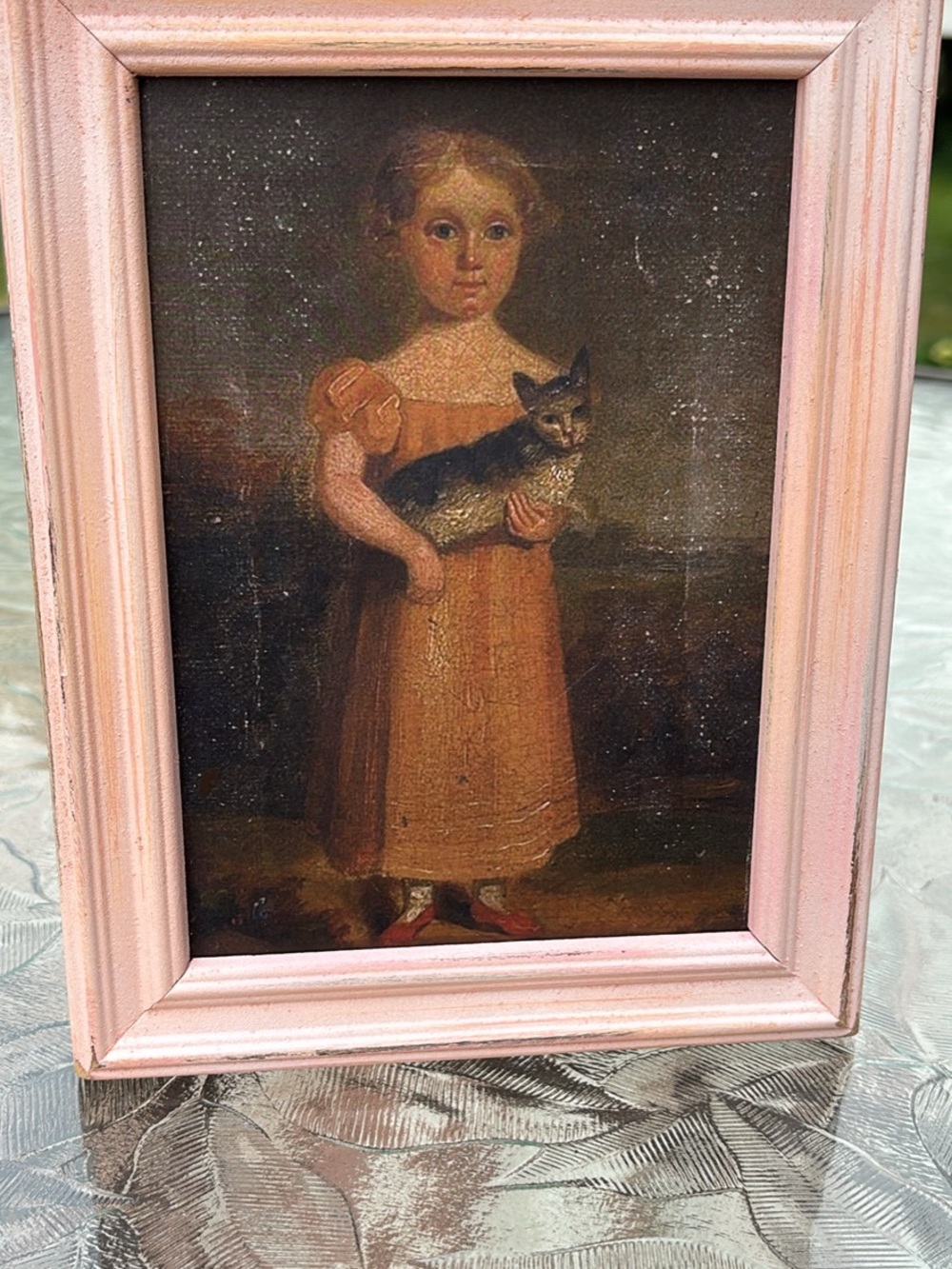 Primitive Style Folk Art Print of a Girl and Her Cat